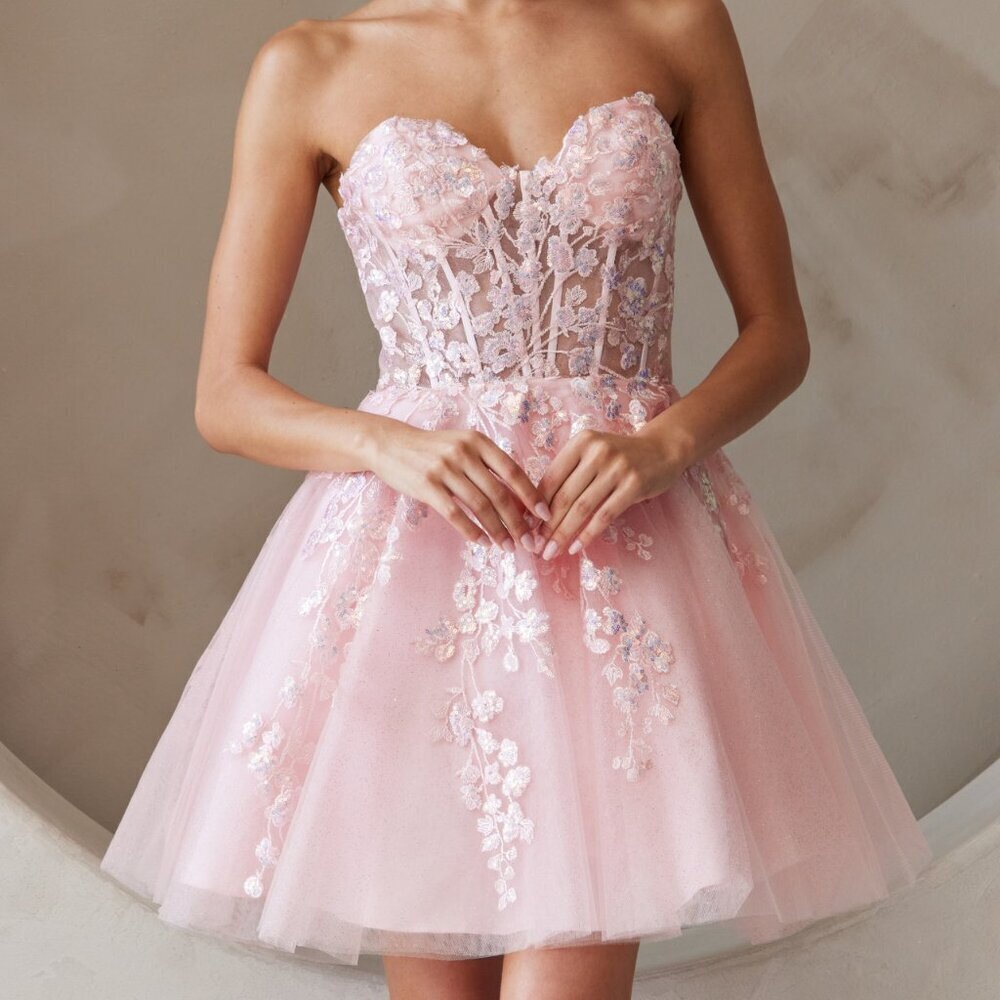 NEW SHORT FORMAL SLEEVELESS STRAPLESS A-LINE SEQUIN EMBELLISHED DRESS AC BZ9024S